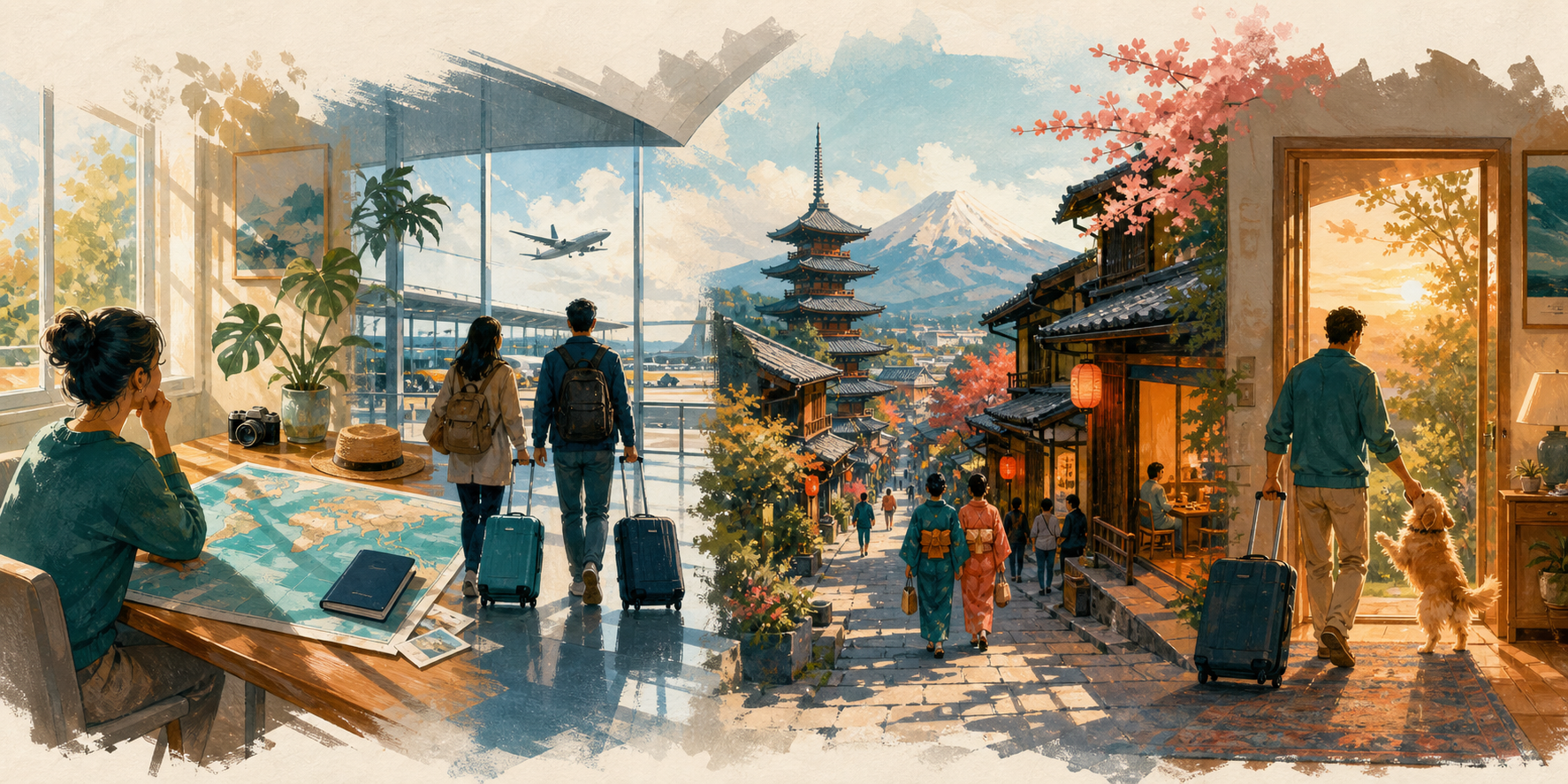 A continuous illustrated journey from planning at home through an airport and Japan to a safe homecoming