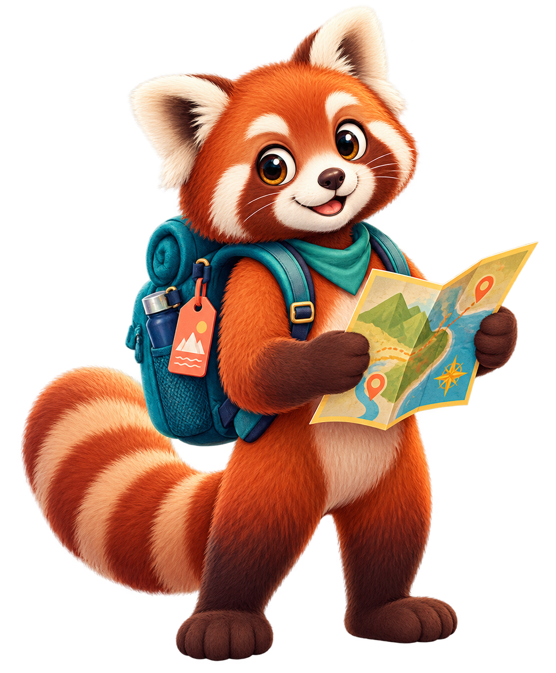 Milo, Journvia's red panda travel companion, holding a map